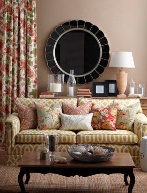 bright floral curtains in living room