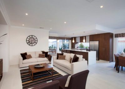 brown and white home with patterned pelmets