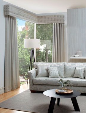 grey curtains with patterned pelmet