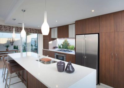 kitchen with timber and leaf patterned pelmet