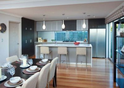 kitchen with white venetian blinds