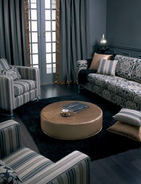 living room with blue curtains