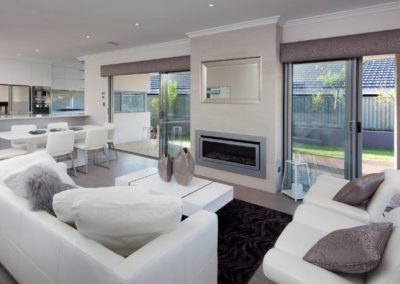 living room with patterned pelmets