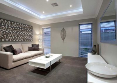 living room with venetian shades