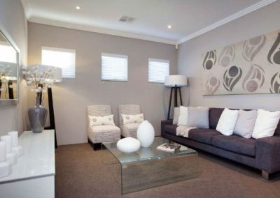 living room with white venetians