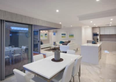 open plan home with grey pelmets