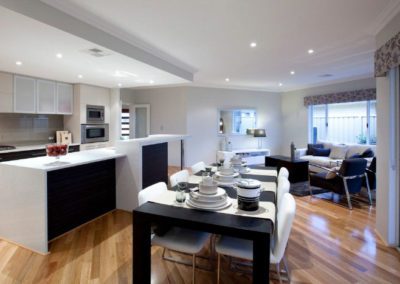 open plan home with patterned pelmets